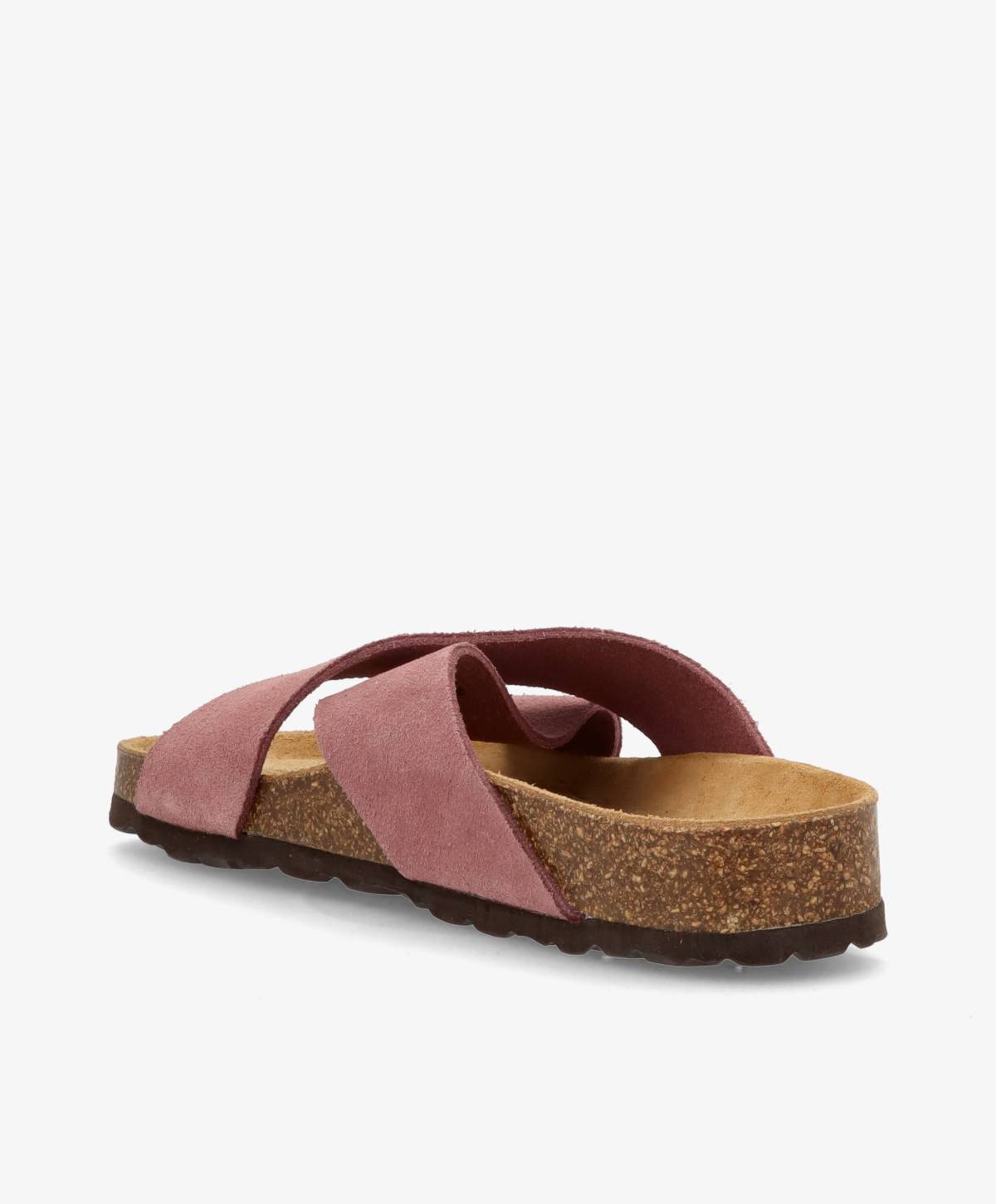 Lyserød sandal med krydsede stropper og korksål set fra siden.