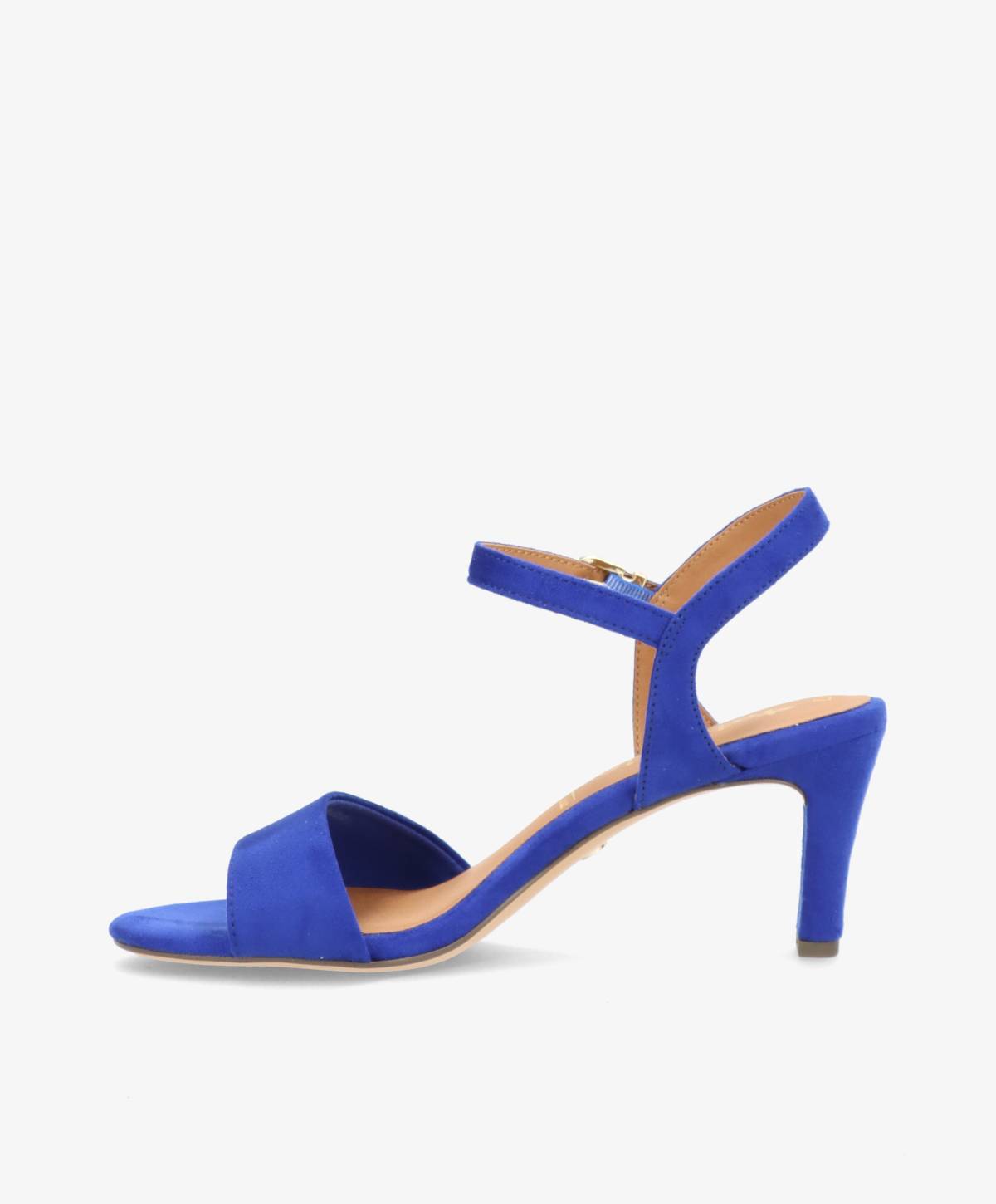 Blå højhælet sandal med åben tå og ankelrem.