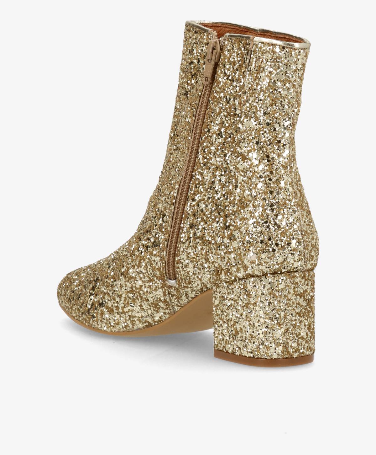 Guldglitrende ankelstøvle med lynlås og blokhæl.