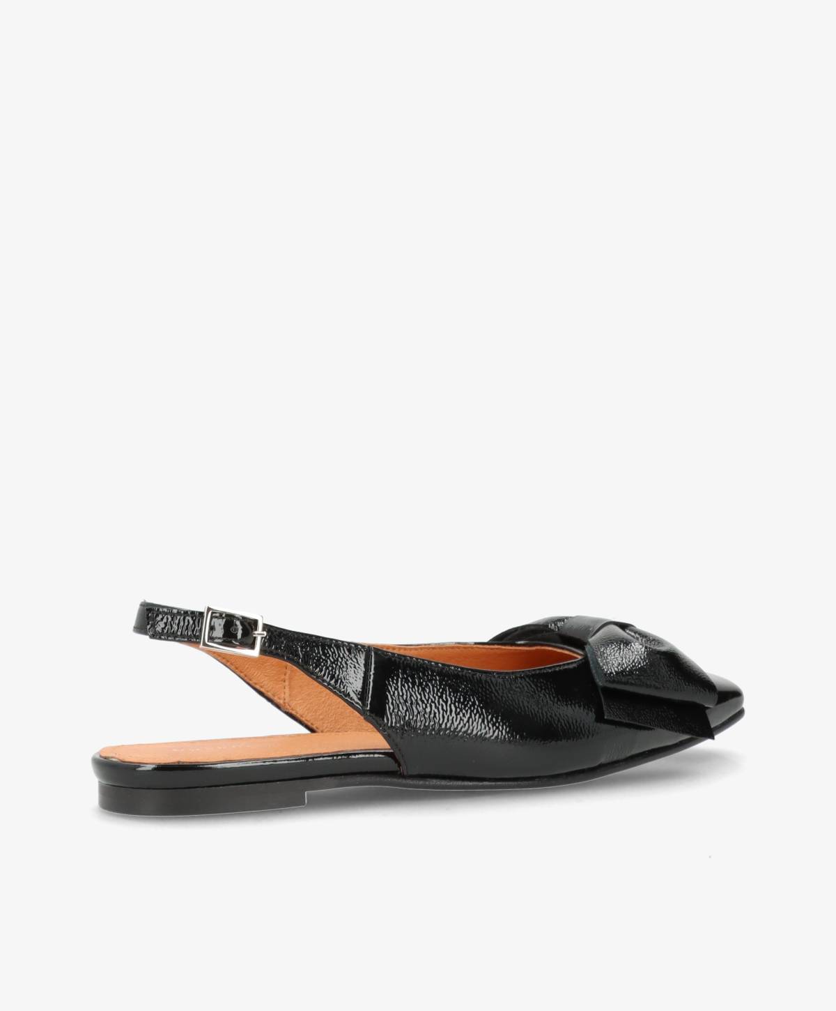Sort læder slingback-sko med flad hæl og dekorativ sløjfe.