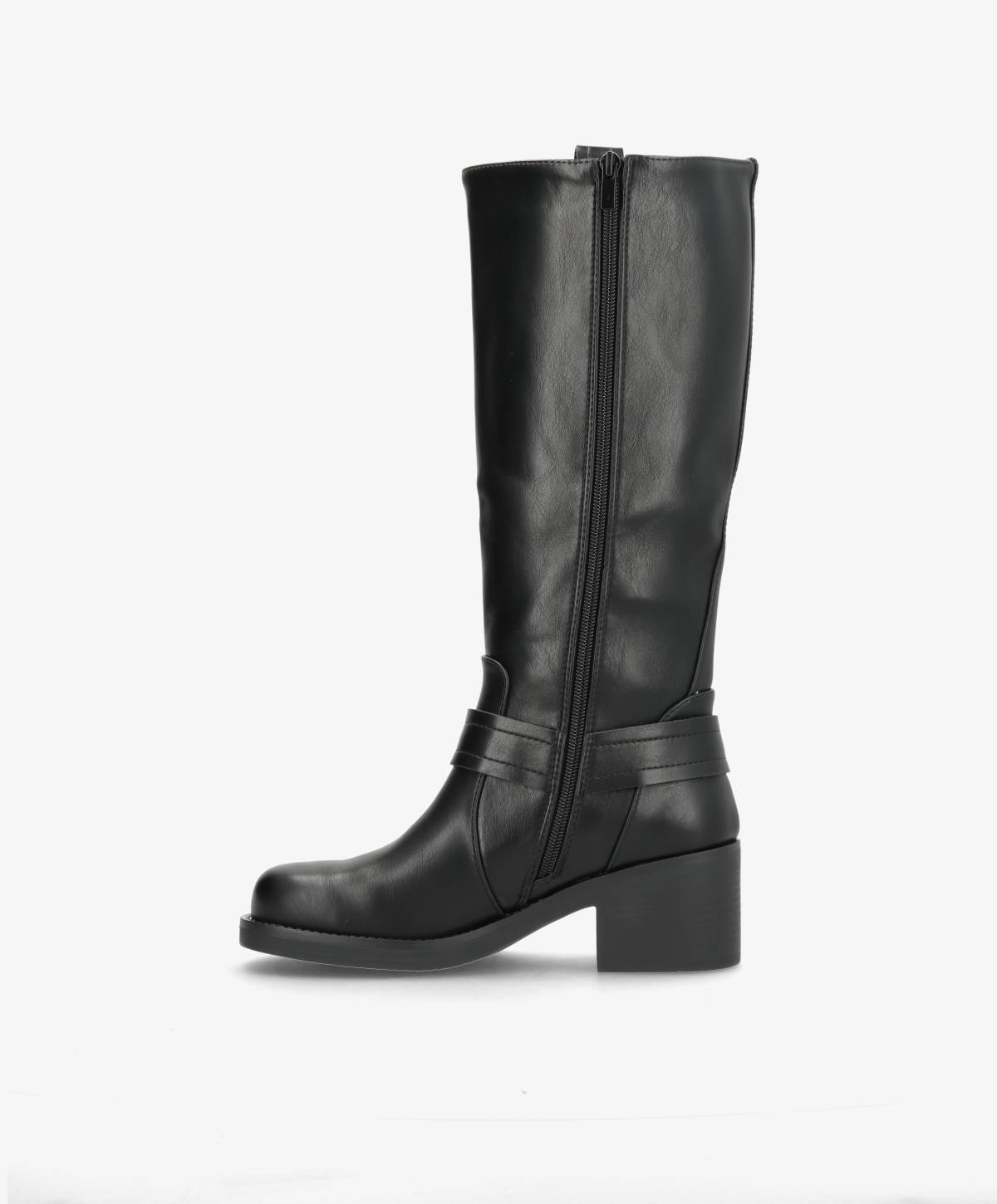 Sort støvle i læder med mellemhøj hæl og lynlås på siden.