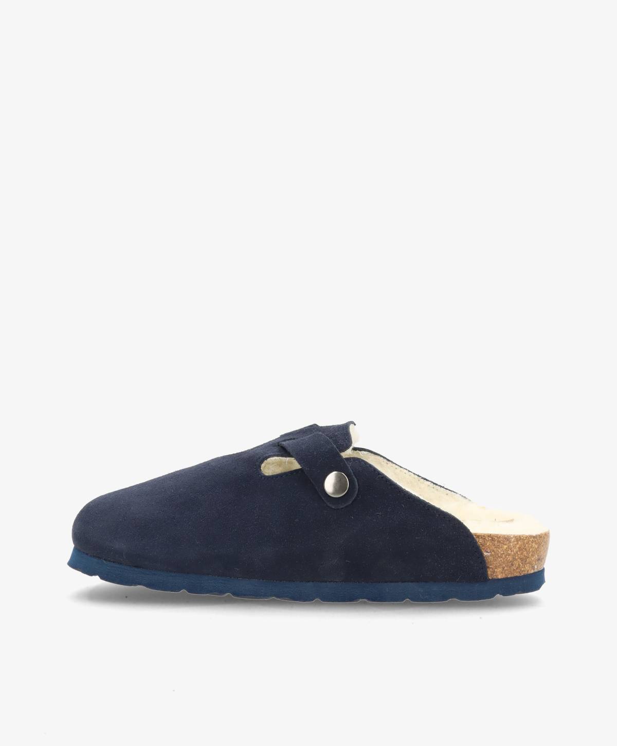 Blå slip-in damesko med korksål og metalspænde, set fra siden.
