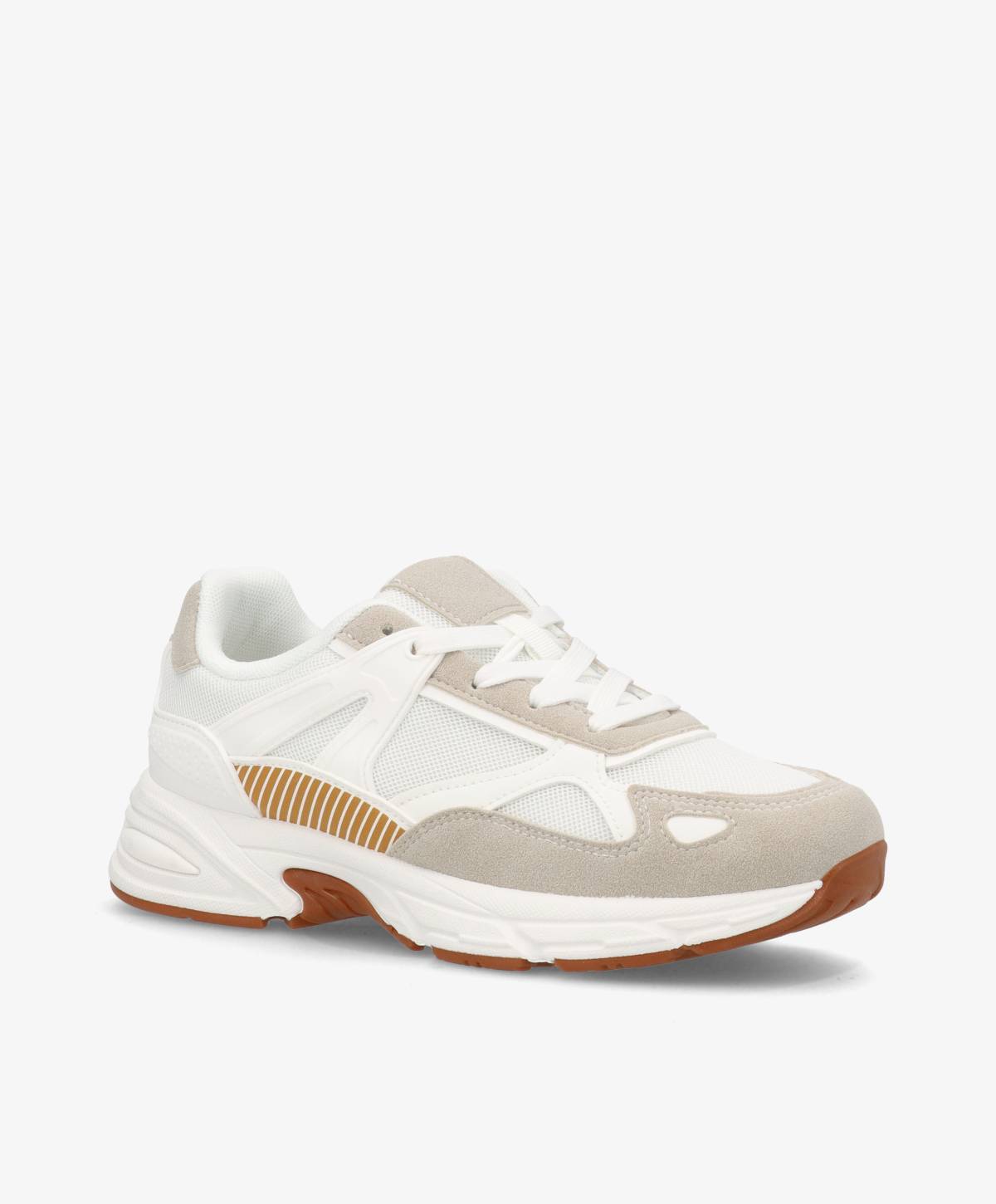 Hvid og beige sneaker med brune detaljer og hvid sål.