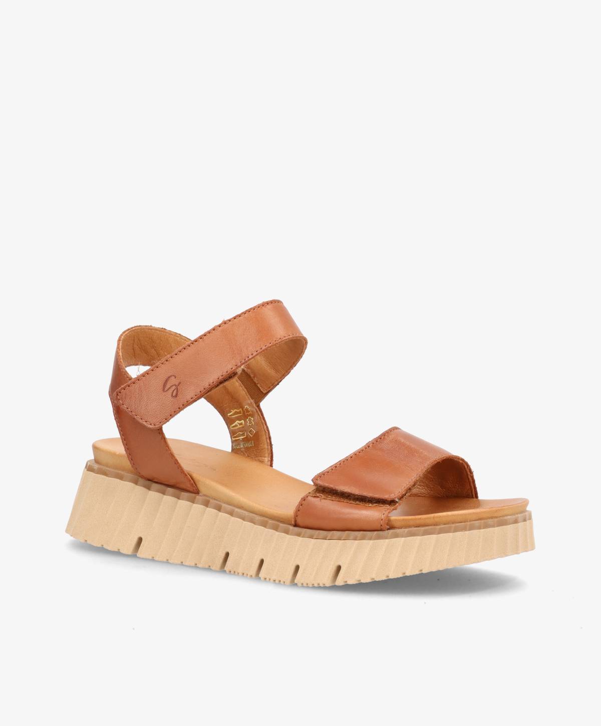 Brun lædersandal med justerbar rem og lys, rillet sål.
