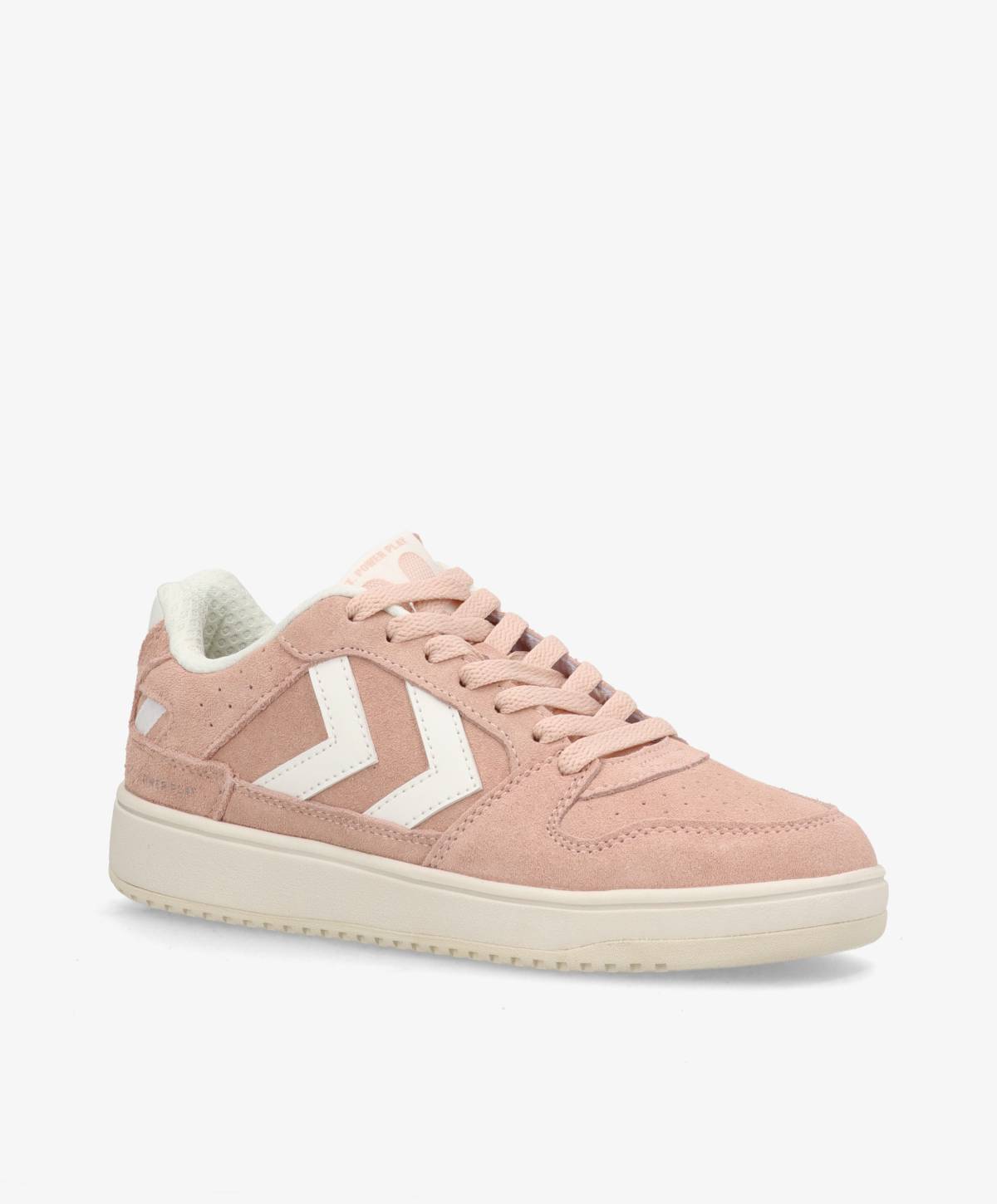 Lyserøde sneakers med hvide detaljer og flad sål.