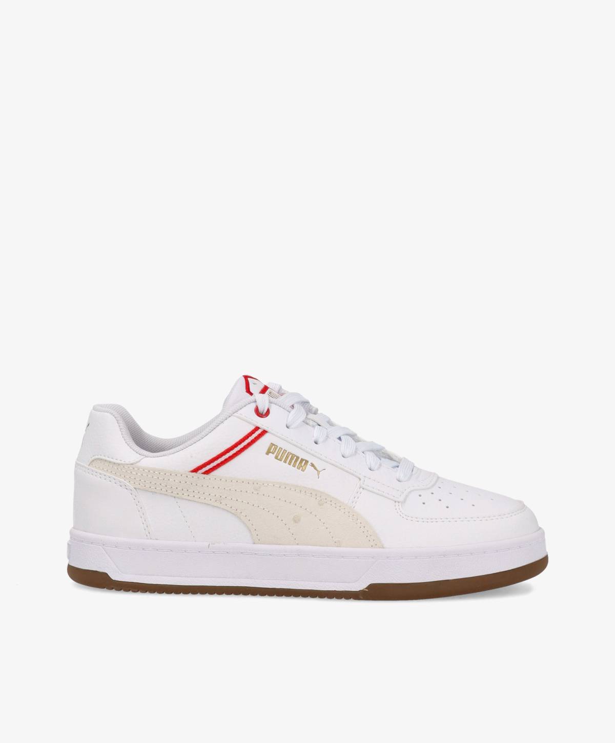 Hvide PUMA sneakers med guldlogo og flerfarvede detaljer.