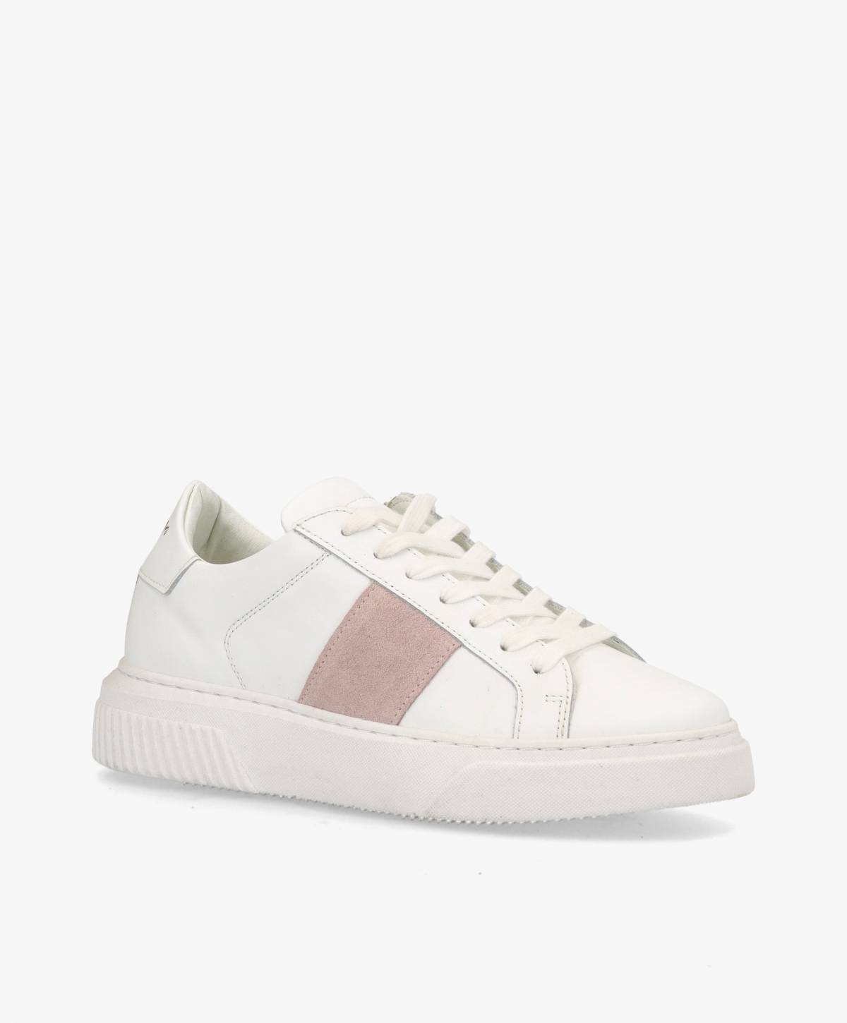 Hvid sneaker med lyserød stribe på siden og hvid sål.