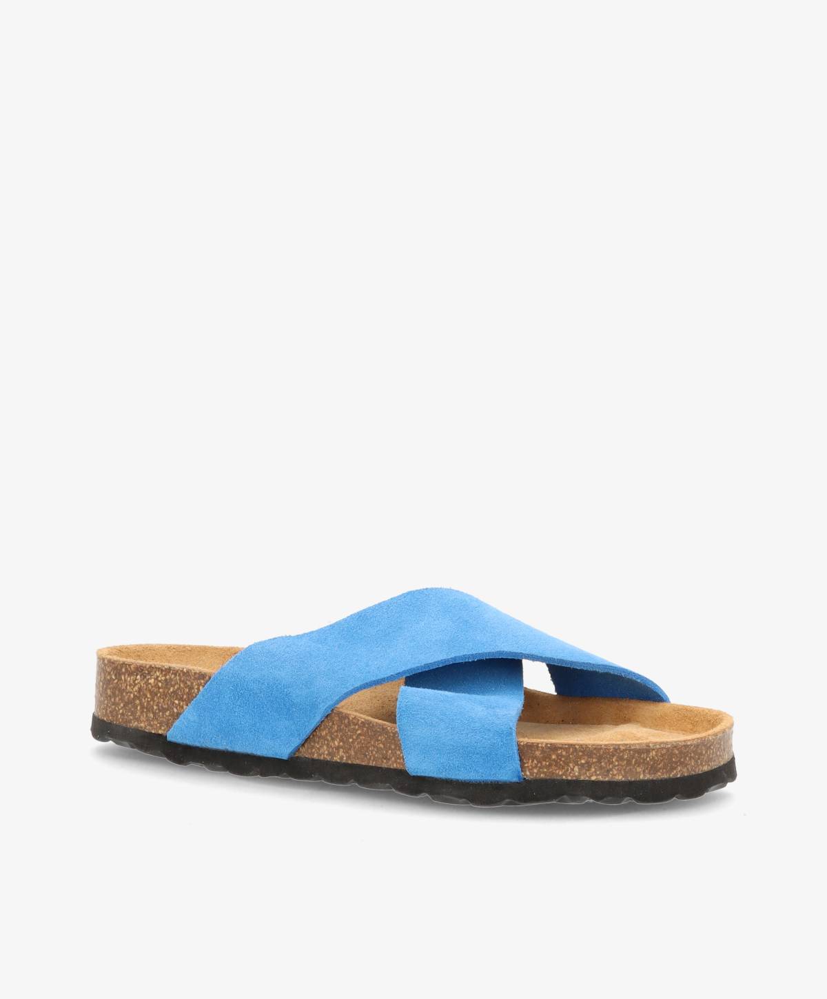 Blå sandal med krydsede stropper og brun korksål.