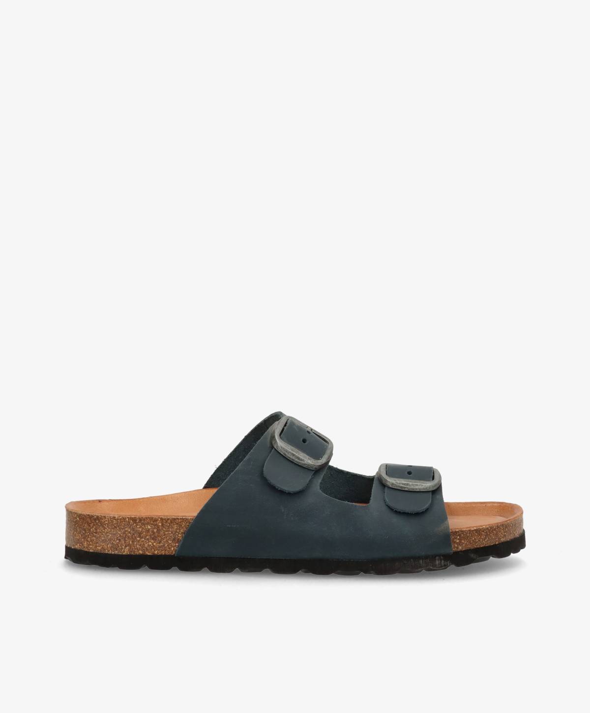 Sort sandal med to spænder og brun korksål på hvid baggrund.