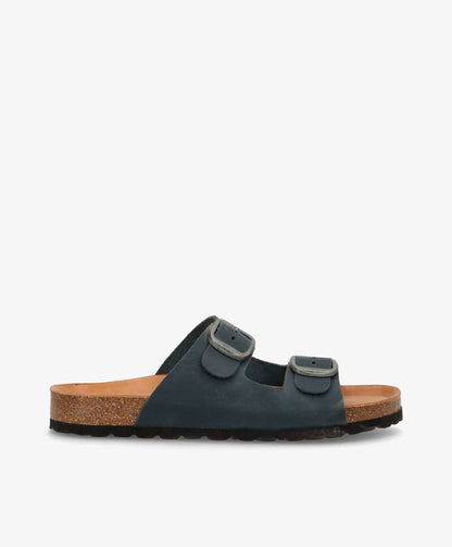 Sort sandal med to spænder og brun korksål på hvid baggrund.