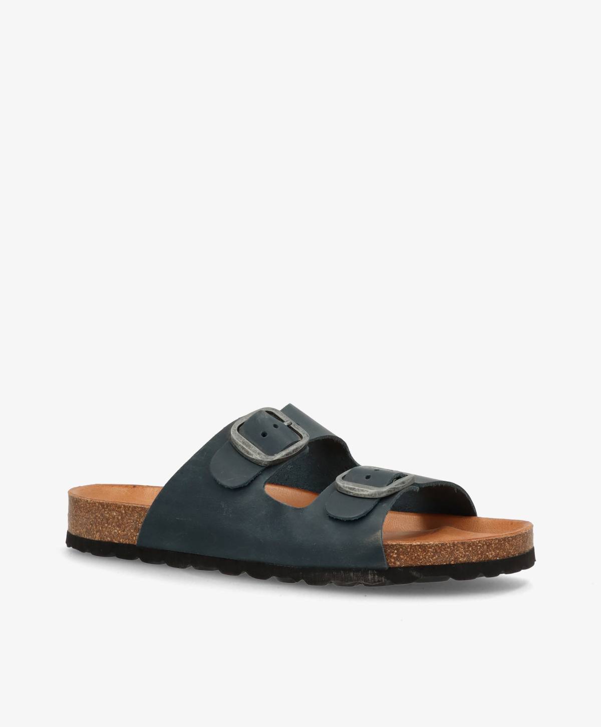 Sort sandal med to justerbare remme og brun korksål.