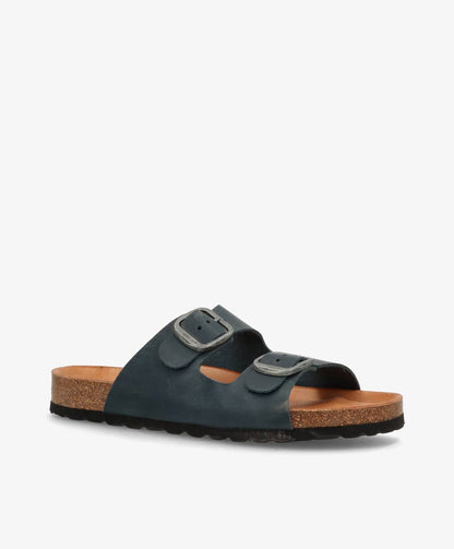 Sort sandal med to justerbare remme og brun korksål.