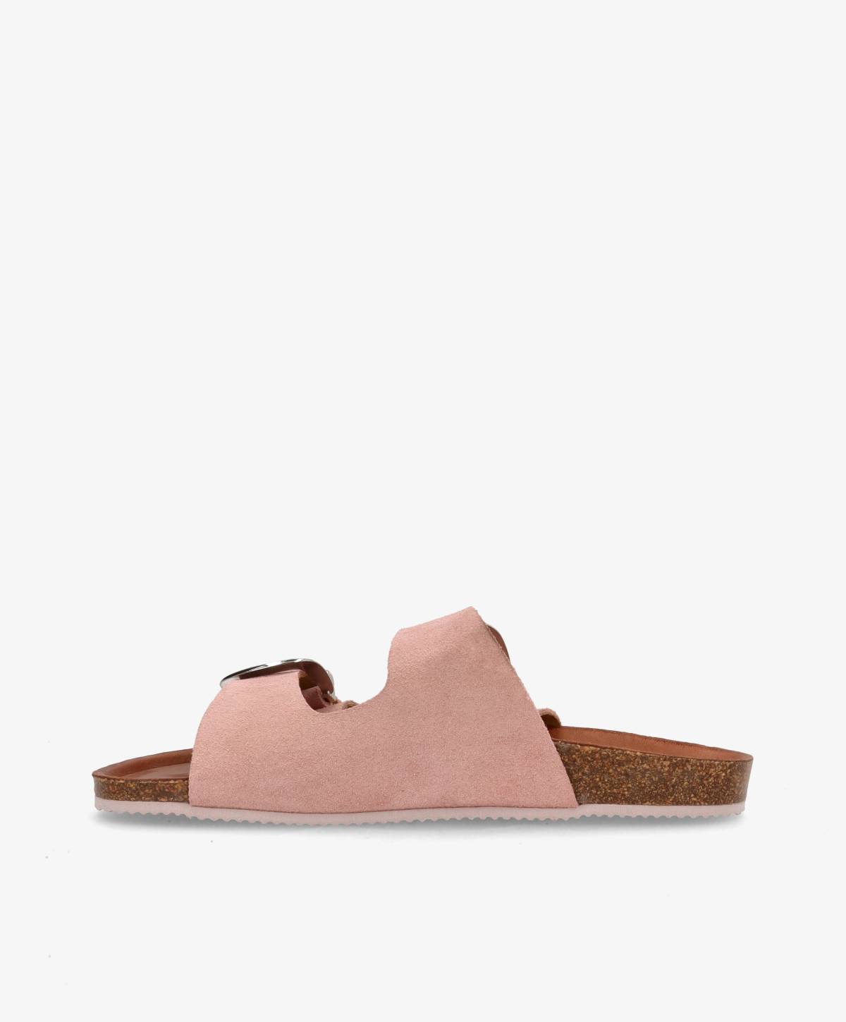 Lyserød sandal med brun korksål og justerbar rem.