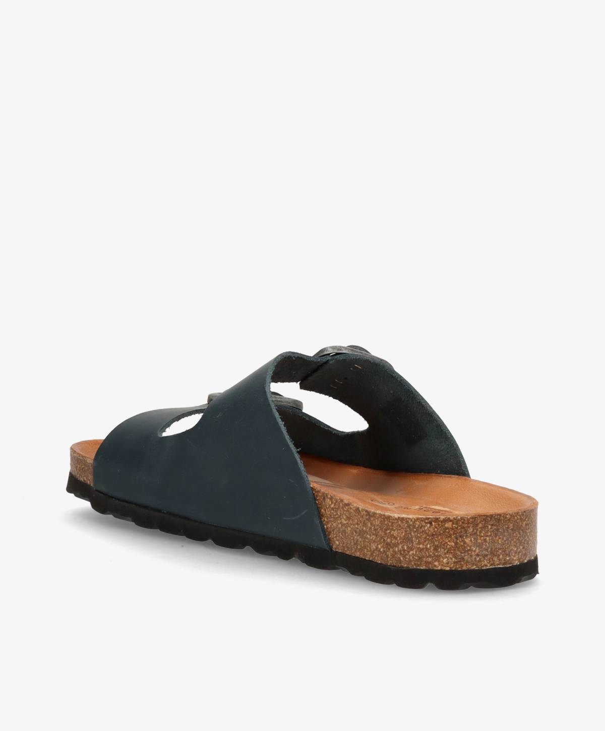 Sort lædersandal med korksål og sort gummisål, set fra siden.