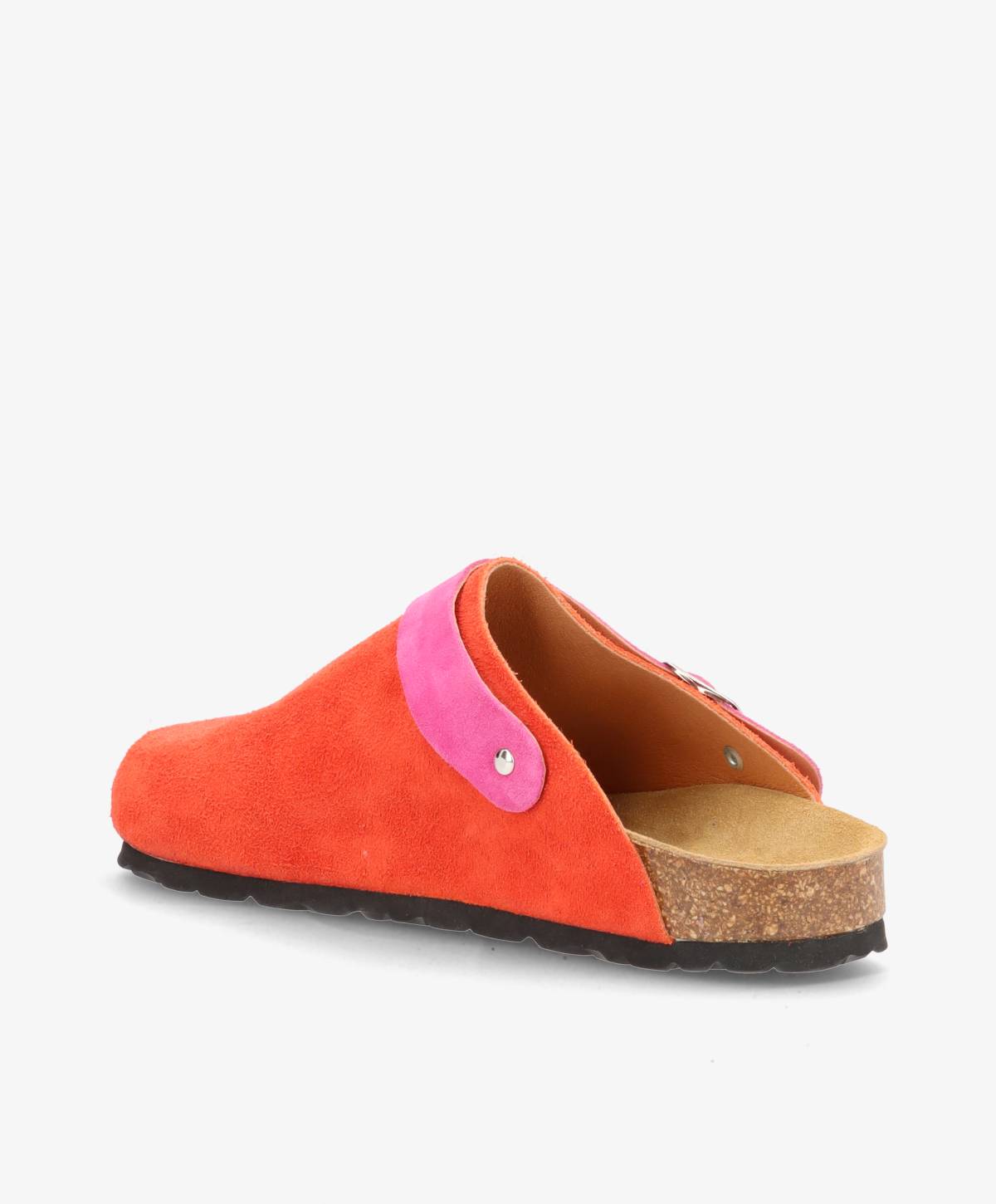 Rød og pink hjemmesko med korksål set fra siden.