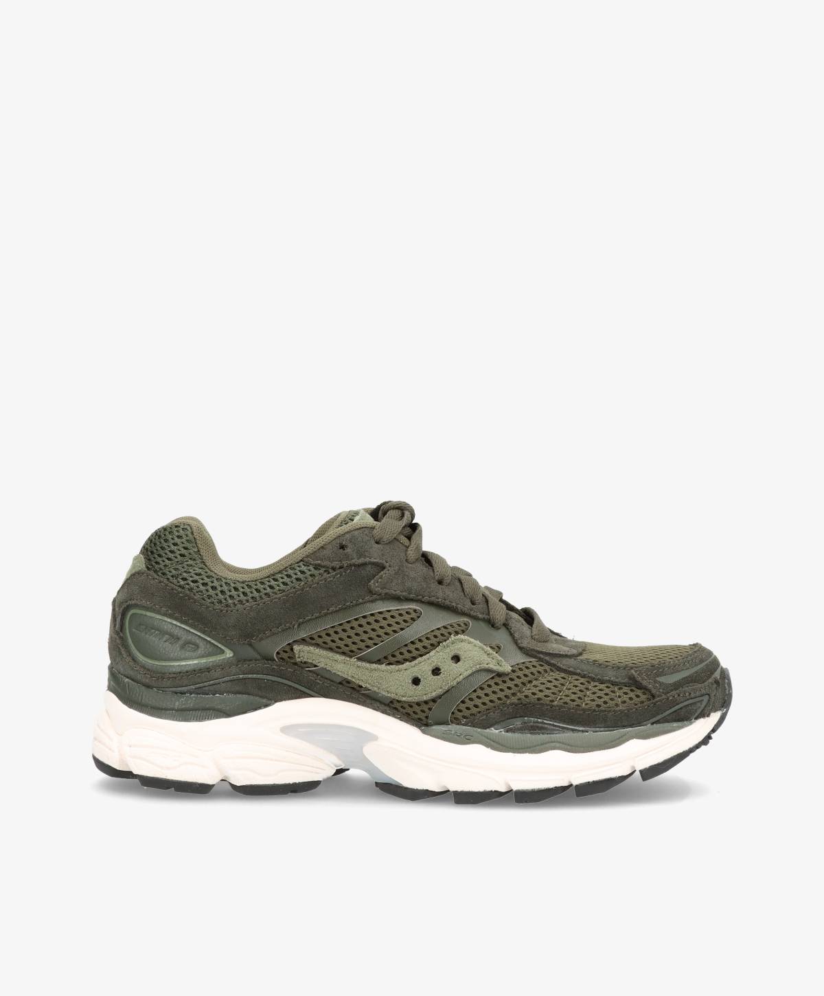 Saucony sneakers i khaki med chunky, hvid bund og grønne snørebånd.