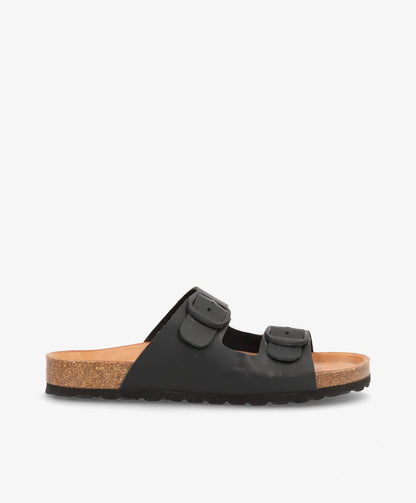 Sort sandal med to justerbare remme og korksål, set fra siden.