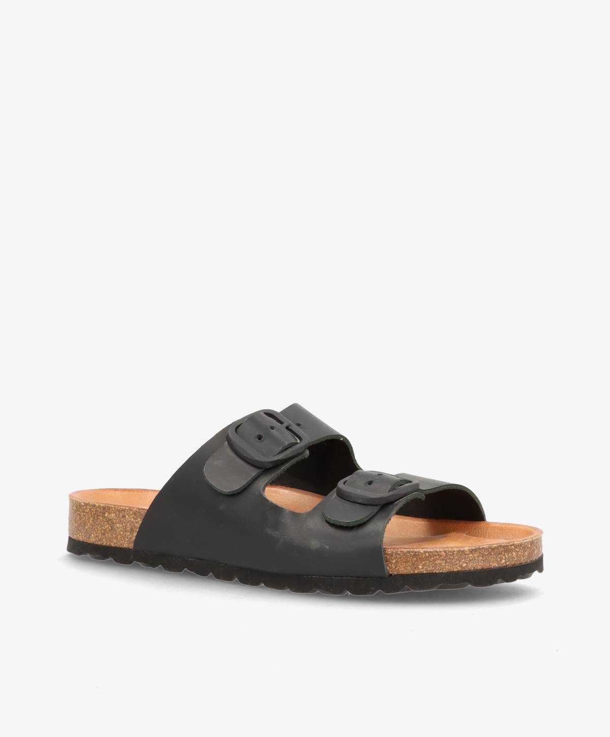 Sort sandal med to justerbare remme og korksål.