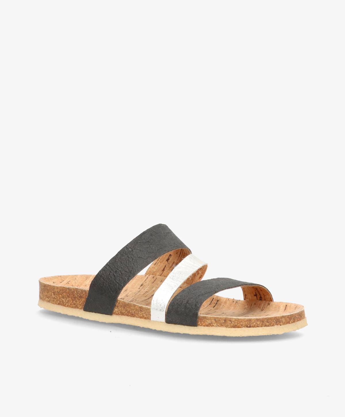 Sort og hvid sandal med korksål og to brede remme.