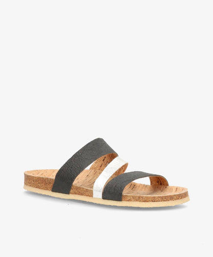 Sort og hvid sandal med korksål og to brede remme.