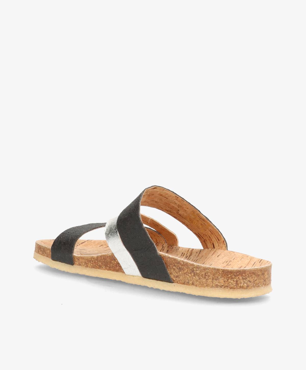 Sort og hvid sandal med korksål på hvid baggrund.