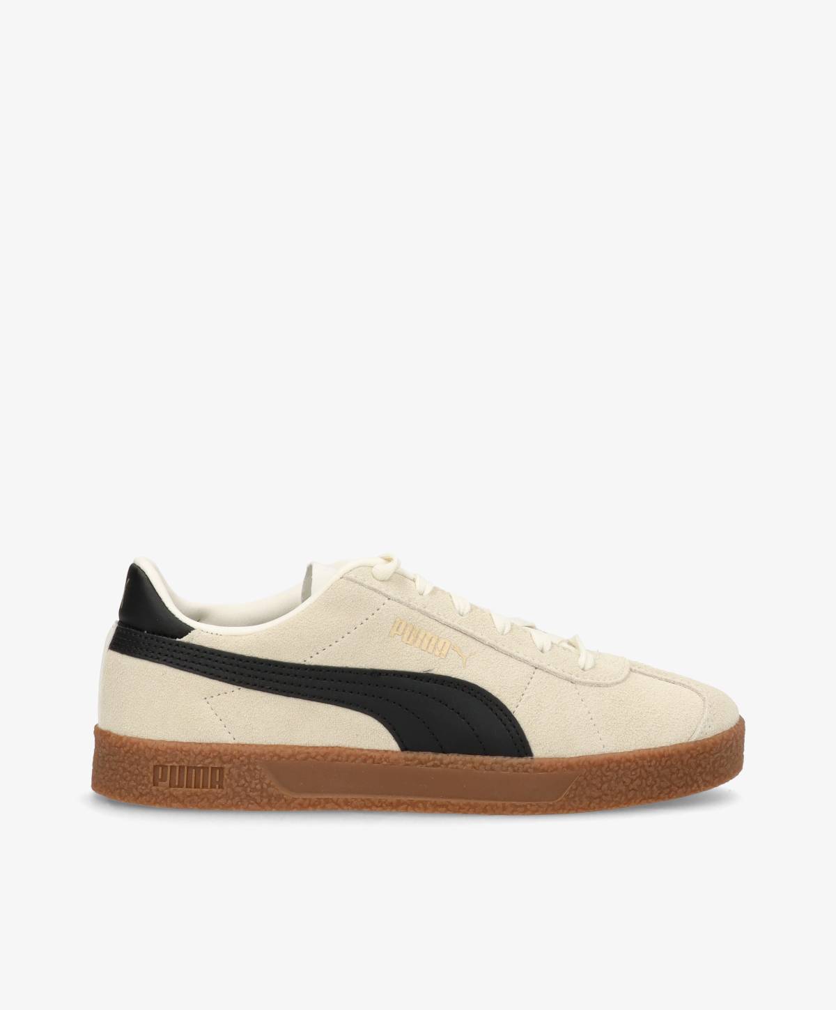 Beige PUMA sneakers med lysebrun bund og sorte detaljer.