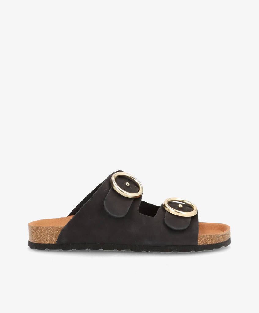 Sorte skindsandaler fra Shoedesign Copenhagen med brede remme og guldspænder.
