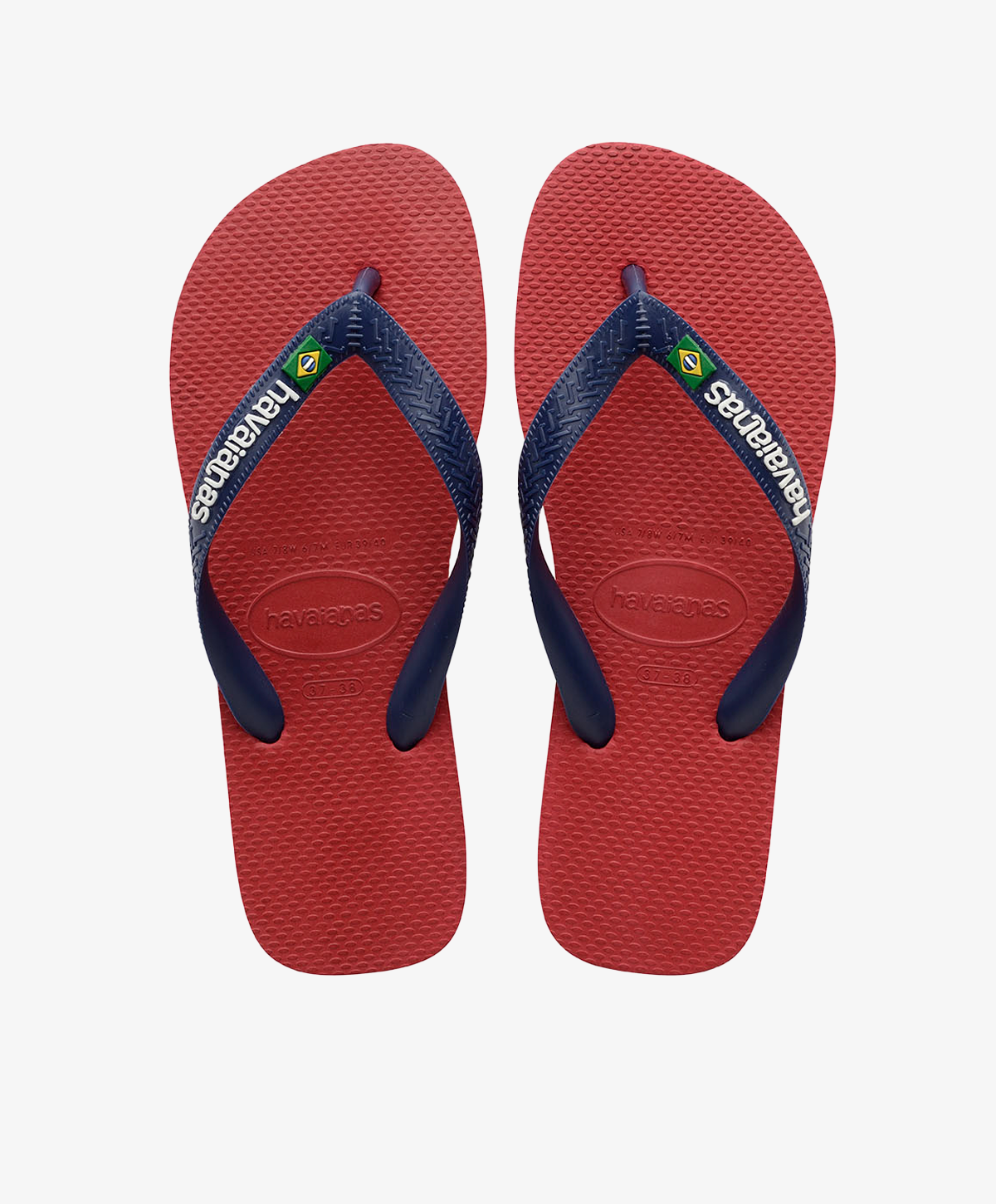 Røde Havaianas slip-ins med navy remme, logo og brasiliansk flag.