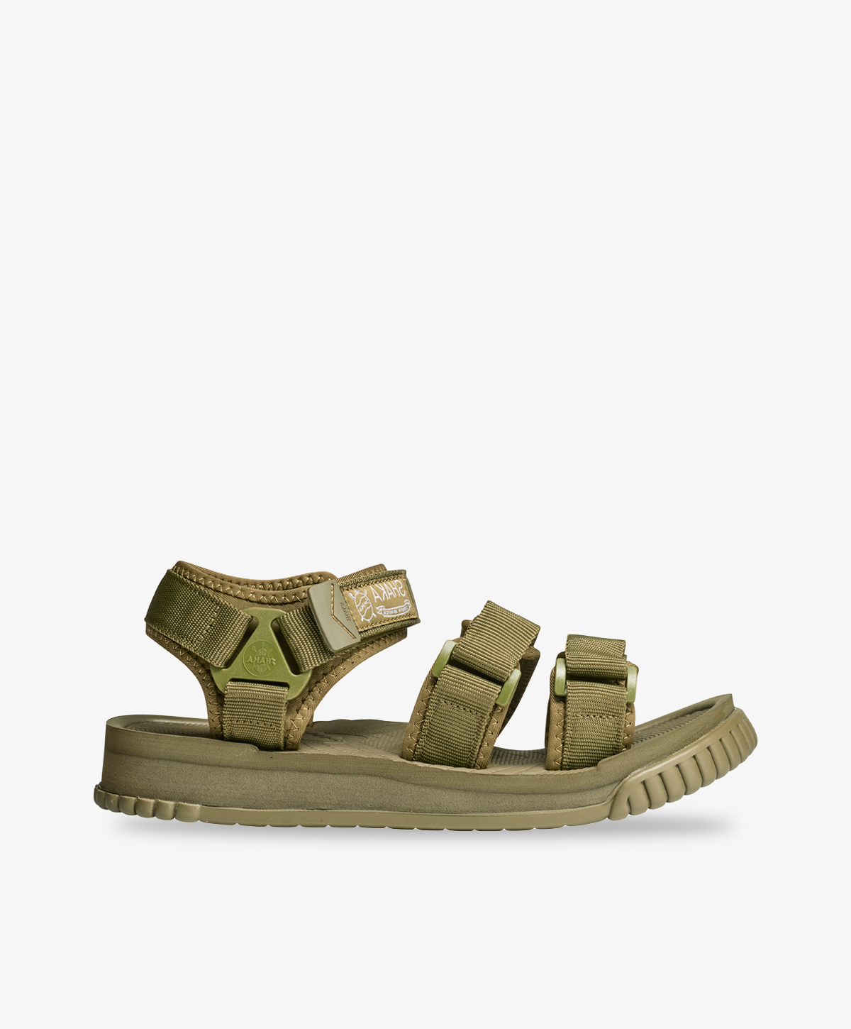 Khaki Shaka sandaler med justerbare velcroremme og chunky bunde.