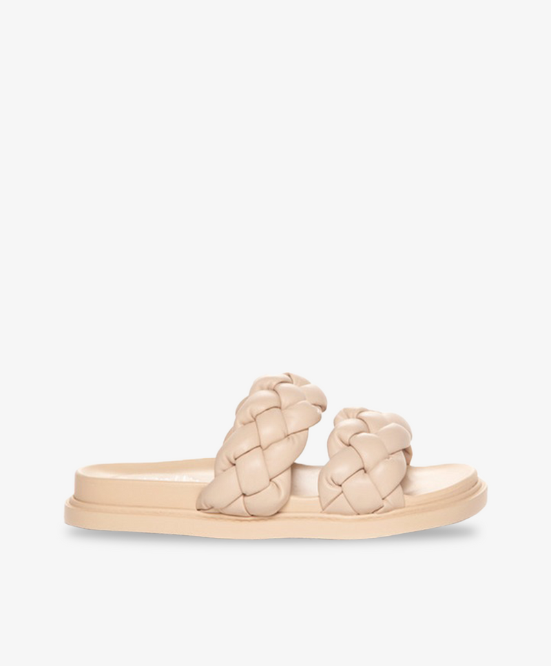 Beige sandaler fra Duffy med to flettede remme.