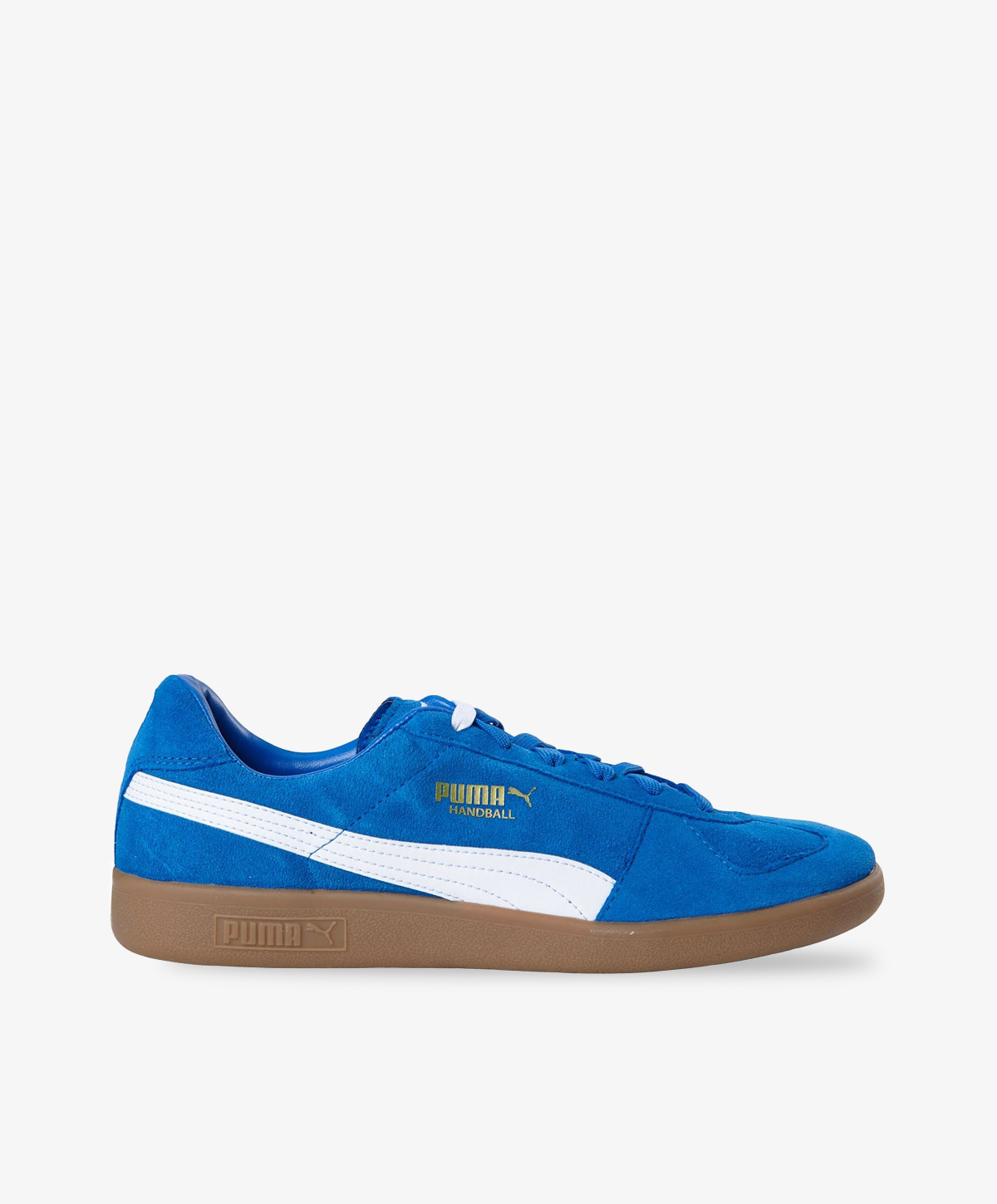 Blå PUMA sneakers med guldlogo og lysebrun bund.