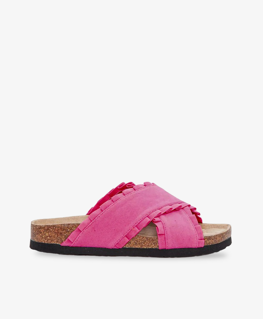 Pink sandaler fra Duffy med krydsremme med flæser.