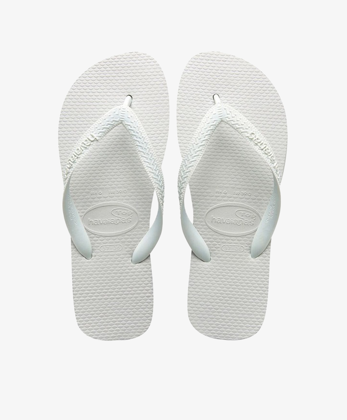 Hvide Havaianas slip-ins med v-remme og logo.