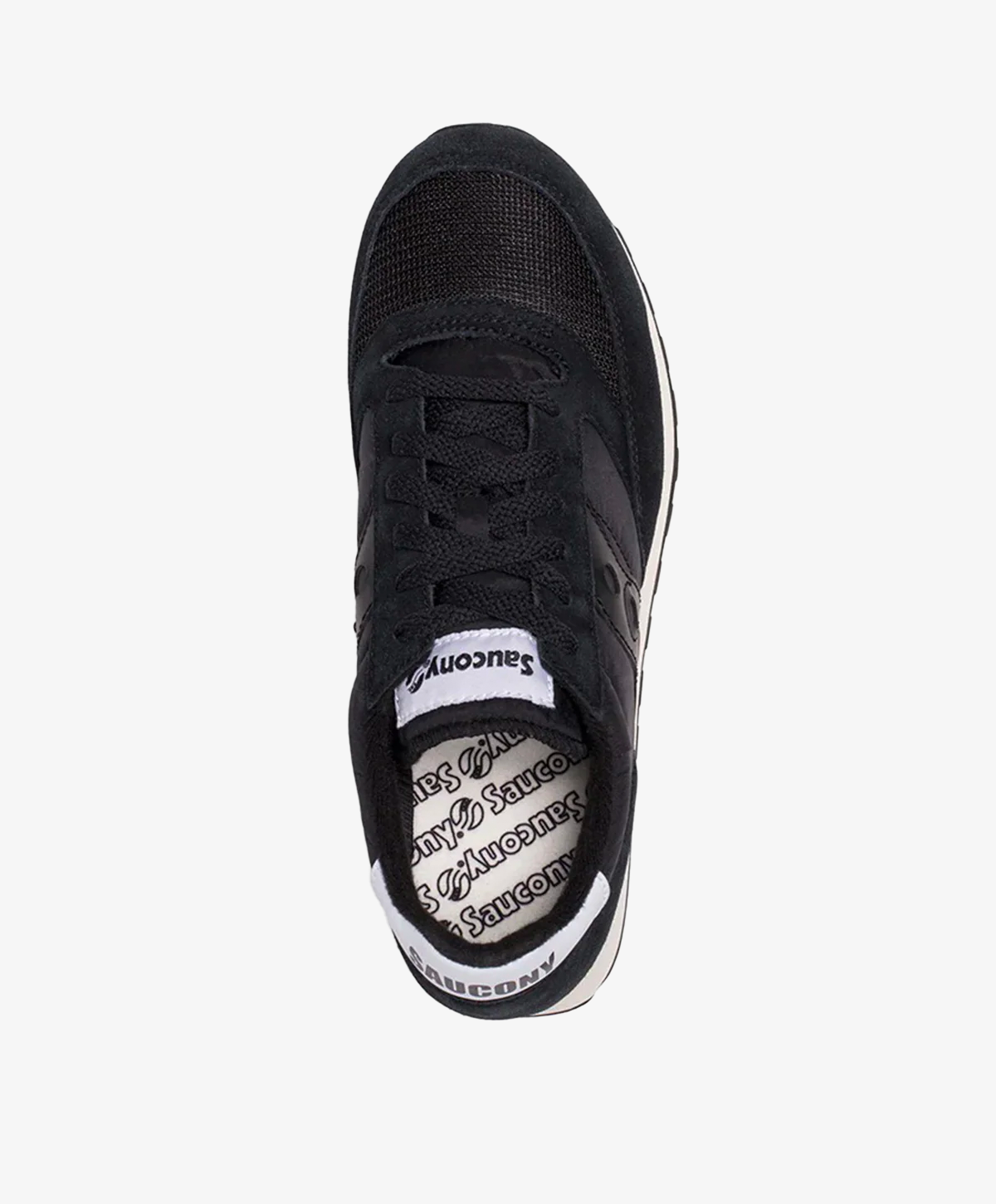 Sort sneaker set fra oven med hvid sål og mærket "Saucony" på indersålen.