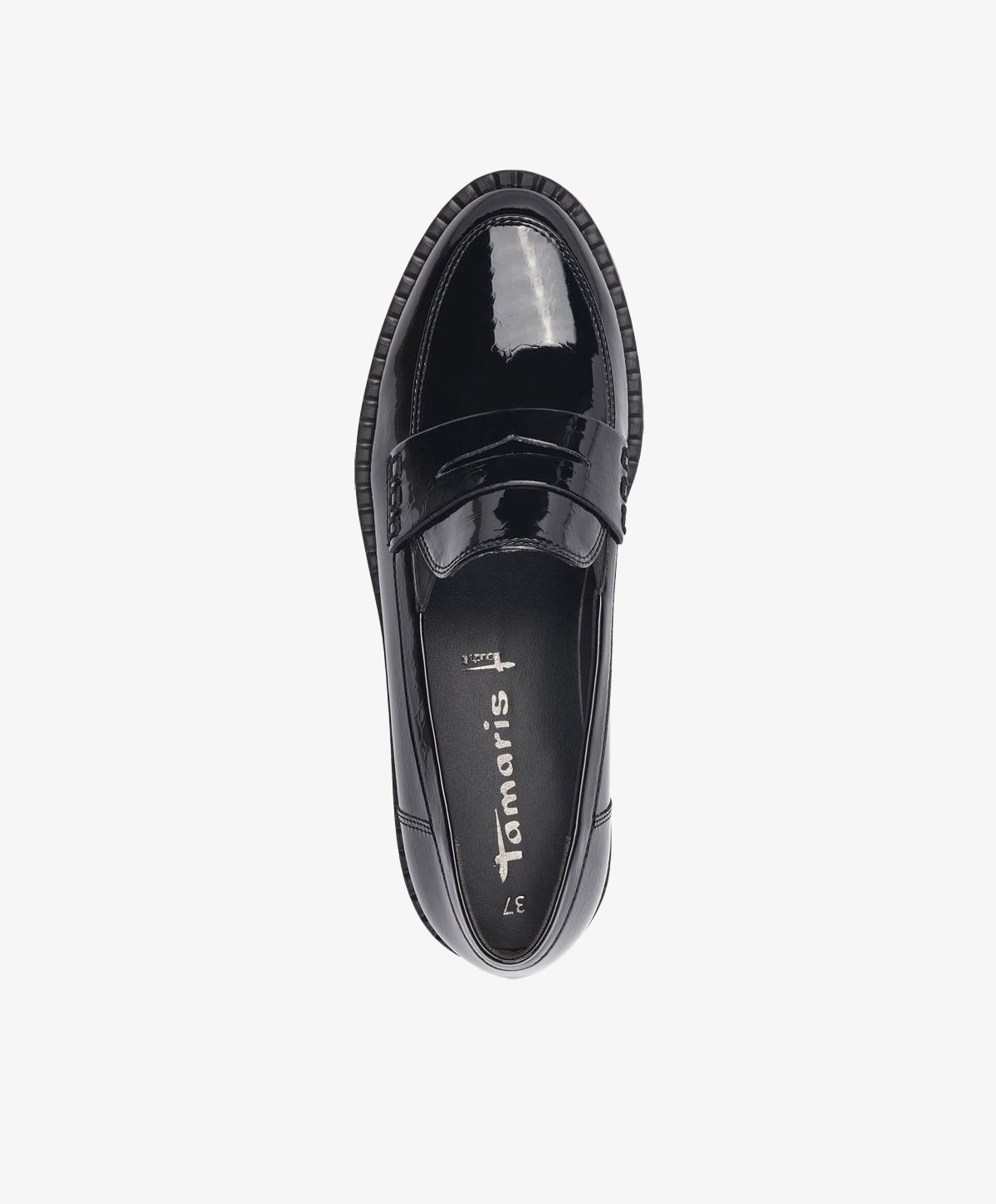 Sort dame loafer fra Tamaris set ovenfra, med skinnende overflade og klassisk design.