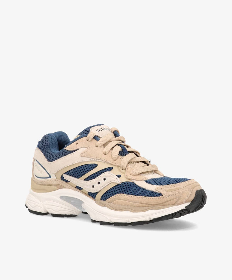 Dame sneakers i beige og blå med hvid sål, set fra siden.