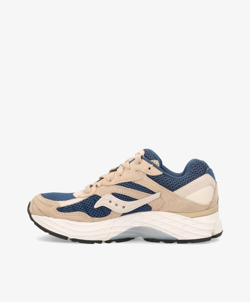 Beige og blå sneakers til kvinder med netdetaljer og hvid sål.