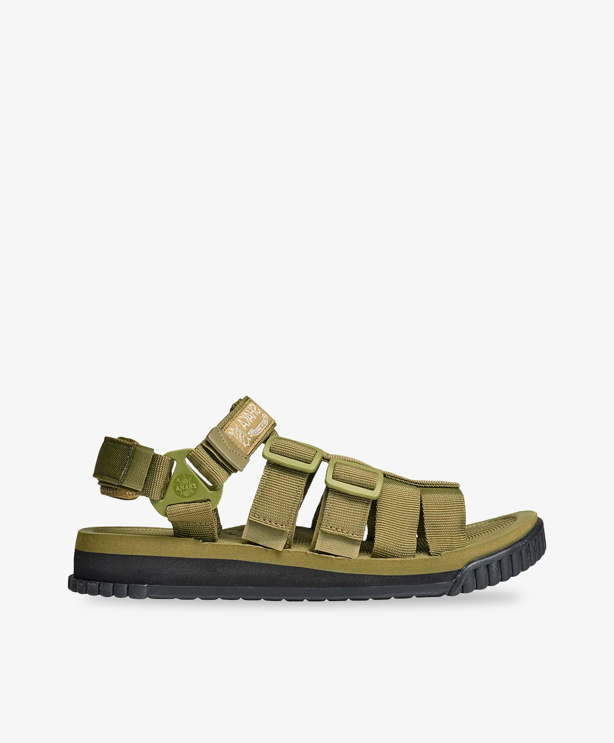 Khaki Shaka sandaler med sort kontrastbund og justerbare velcroremme.