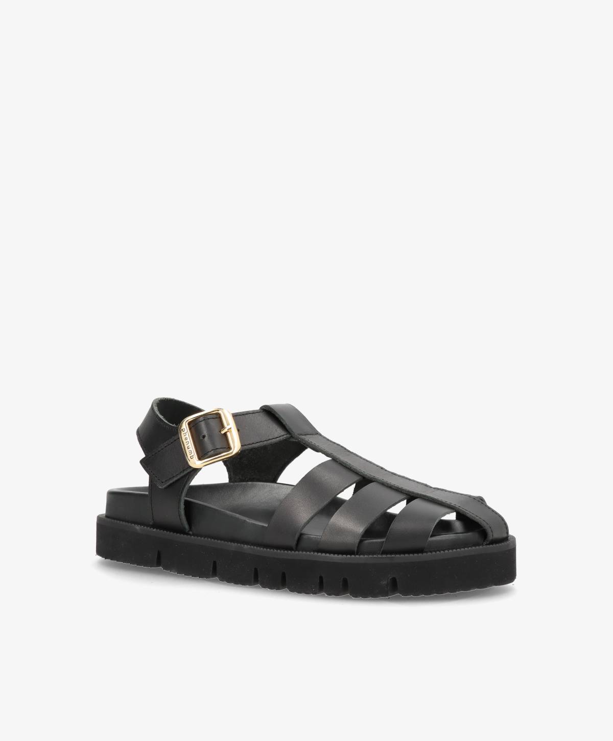 Sort damesandal med remme og spænde.