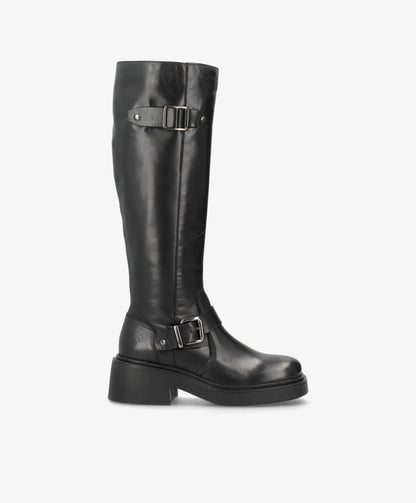 PREORDER - SADDLE LONG Buckle - Sort læder - Lange støvler Dame