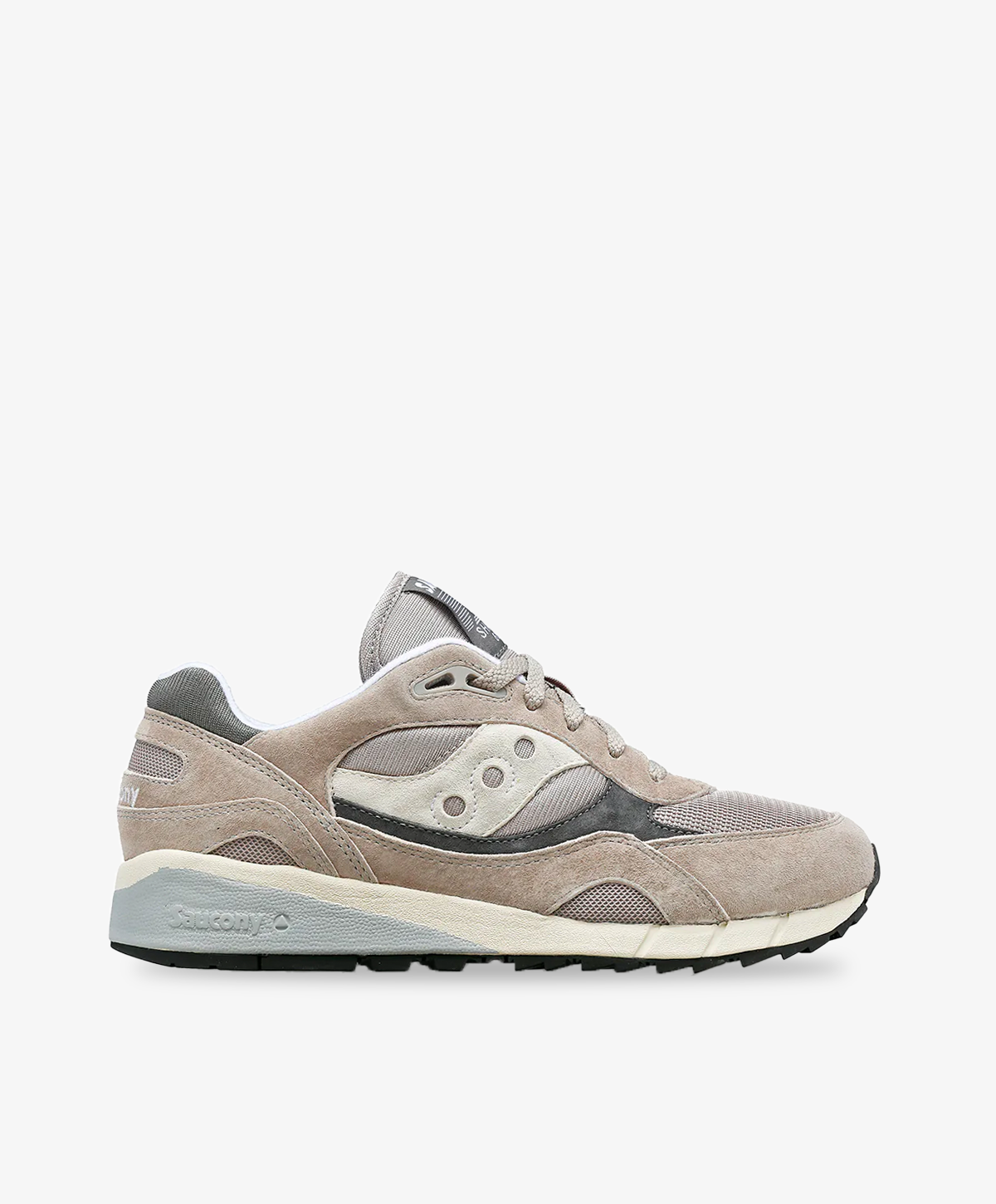 Lysegrå Saucony sneakers med flerfarvede detaljer og en chunky bund.