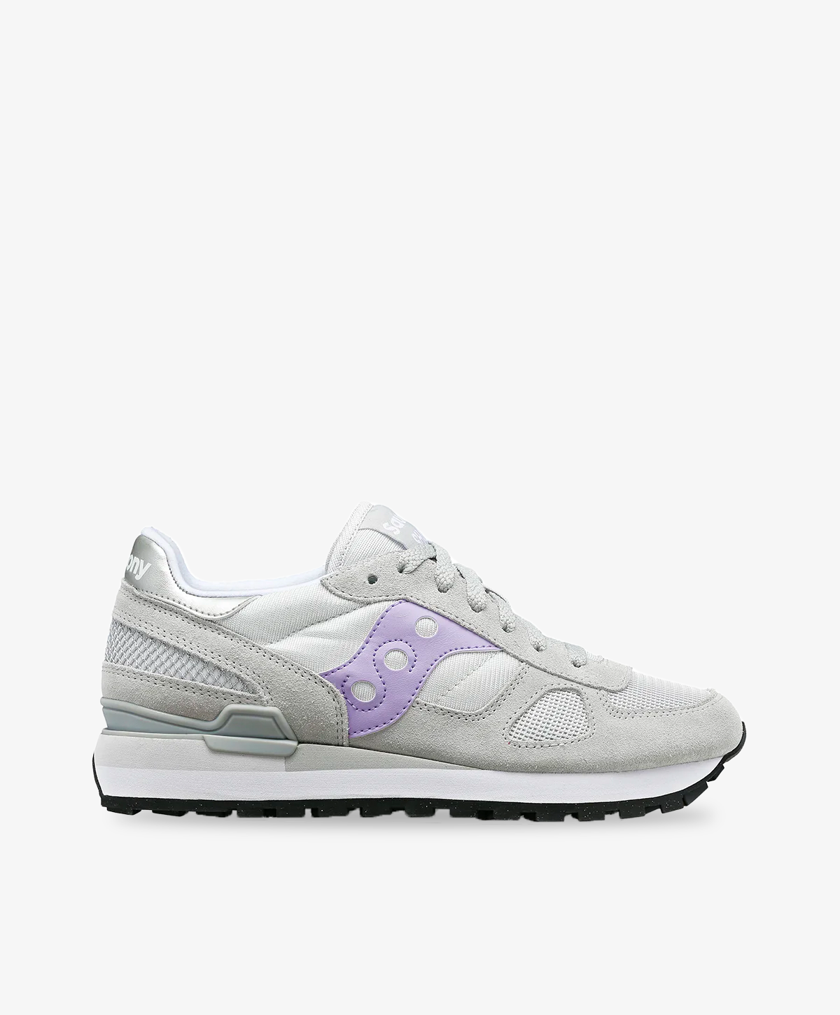 Lysegrå Saucony sneakers med lilla logo på siden og mesh detaljer.