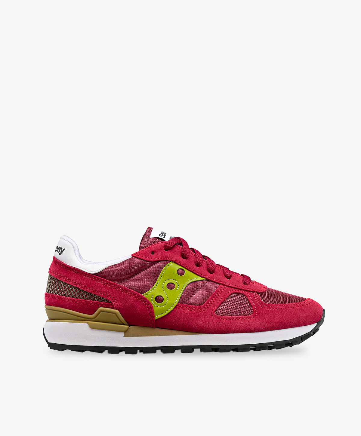 Saucony sneakers i bordeaux med flerfarvede detaljer og mesh.