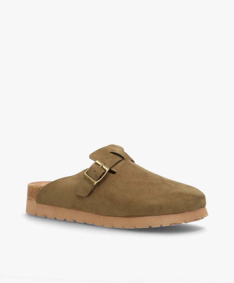 Khaki slip-in sko med brun sål og justerbar rem.