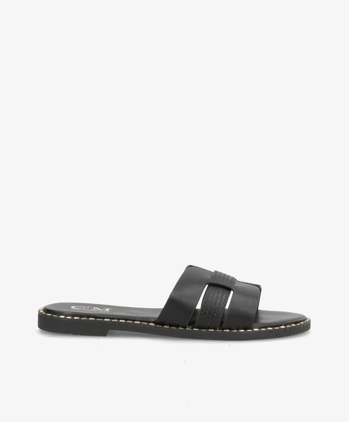 Sort slip-in sandal med flad sål og to brede remme over foden.