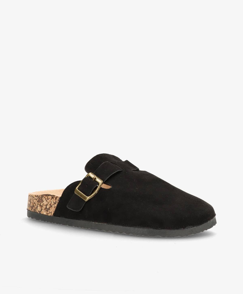 Sort slip-in sko med brun korksål og guldfarvet spænde.