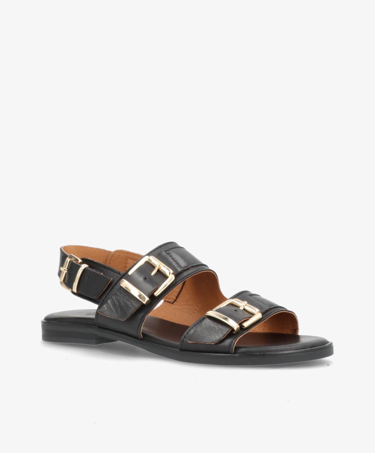 JUNE - Sort læder - Flad sandal Dame