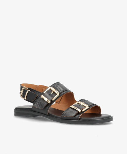 JUNE - Sort læder - Flad sandal Dame